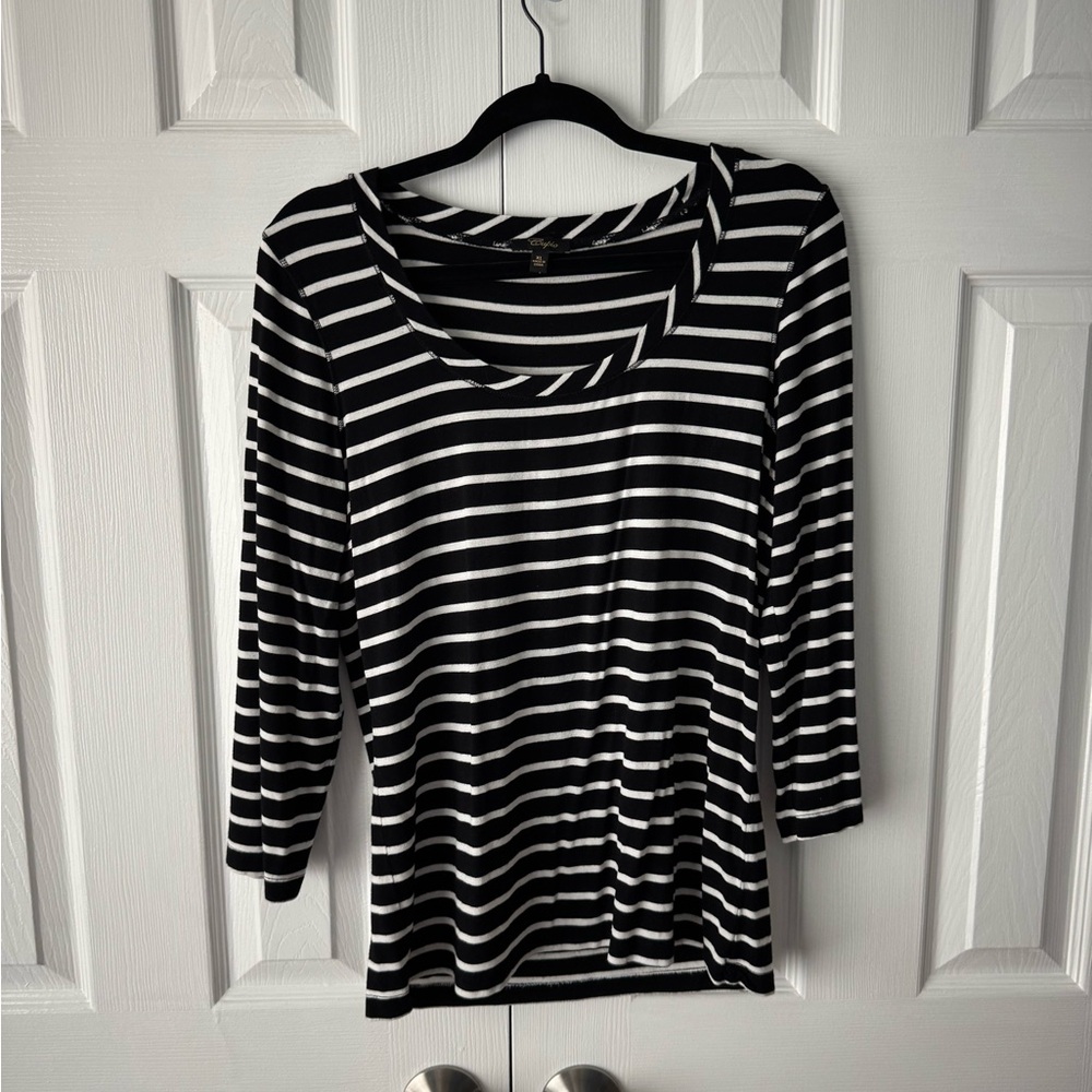 Cupio Classic Black and White Striped Long Sleeve Top Parisian Chic Blouse